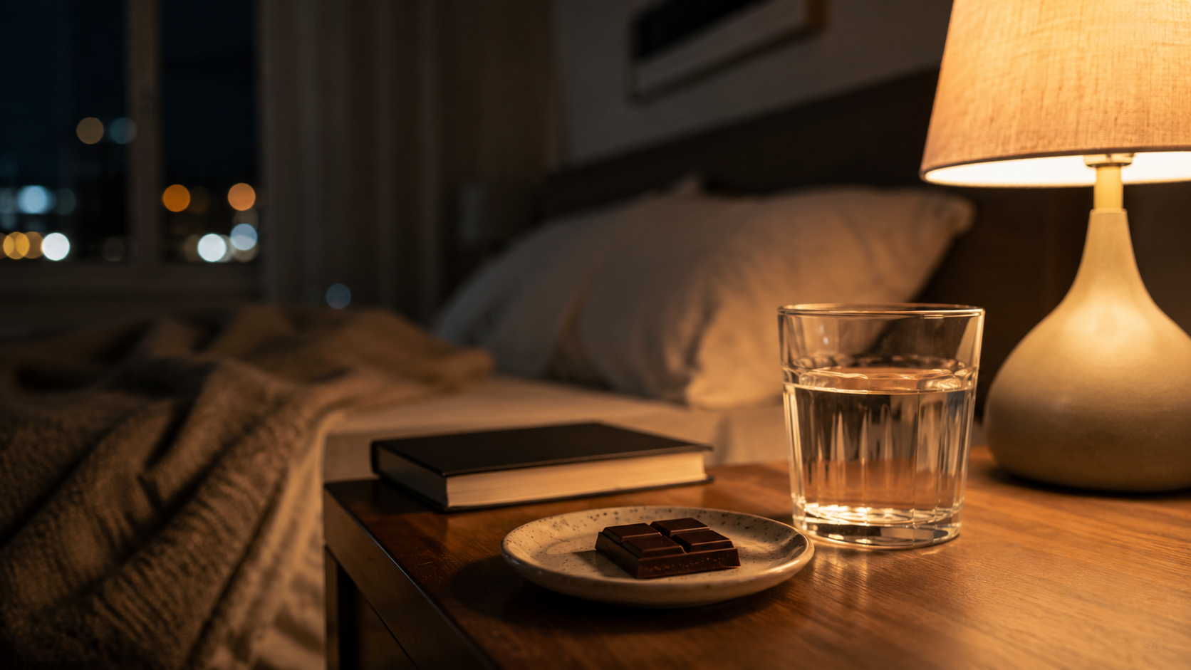 Dark chocolate on a bedside table at night with a warm lamp